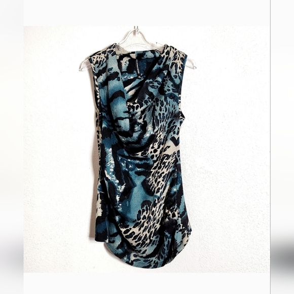 W118 by Walter Baker Tops - W118 Walter Baker Hi Low Knit Material Tunic Animal Print Teal Top Draped Neck